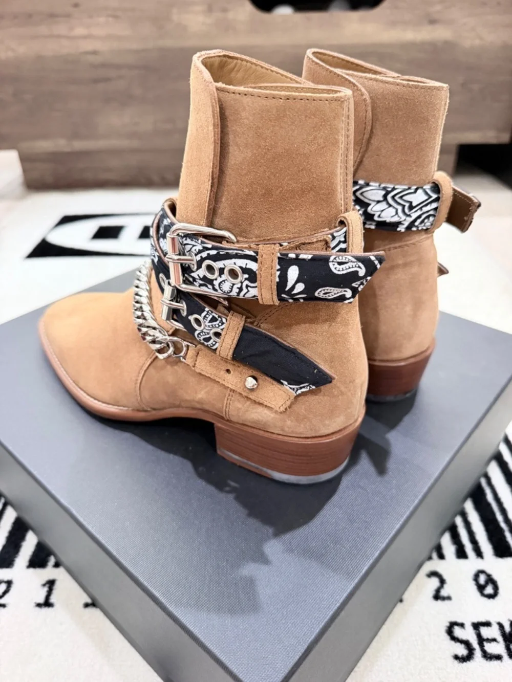 AMIRI Embellished Chain Bandana Buckle Strap Suede Jodhpur Boots - Tan